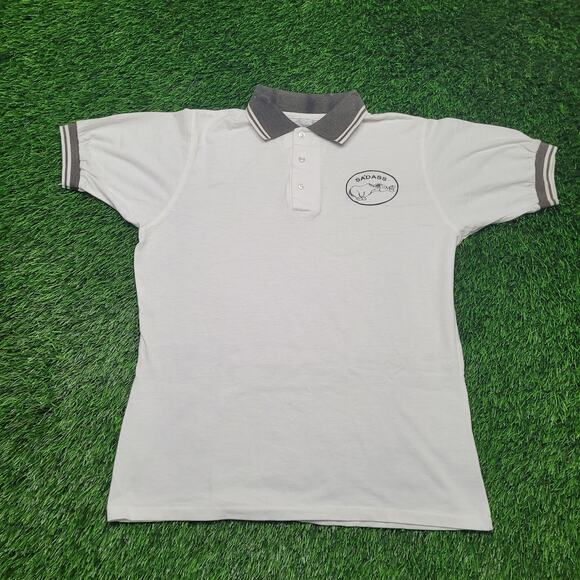 VTG 90s S'ADASS Donkey Pun Polo Shirt Mens Large White Grey Ringer Cuff - Picture 1 of 7